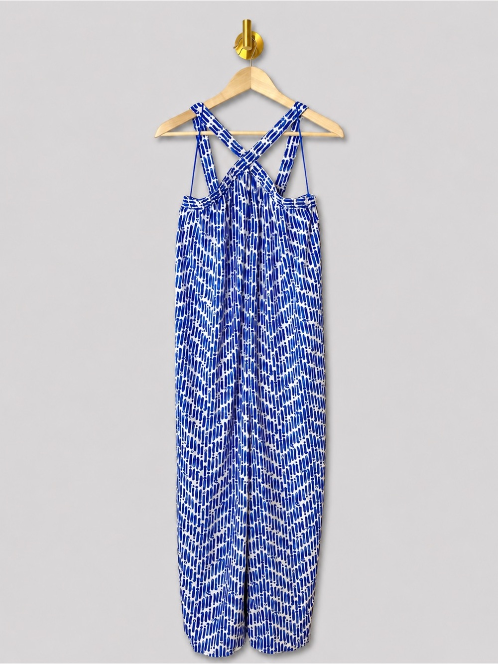 Vernacular Blue White Printed Cross Back Jumpsuit Sleeveless Wide Leg Romper